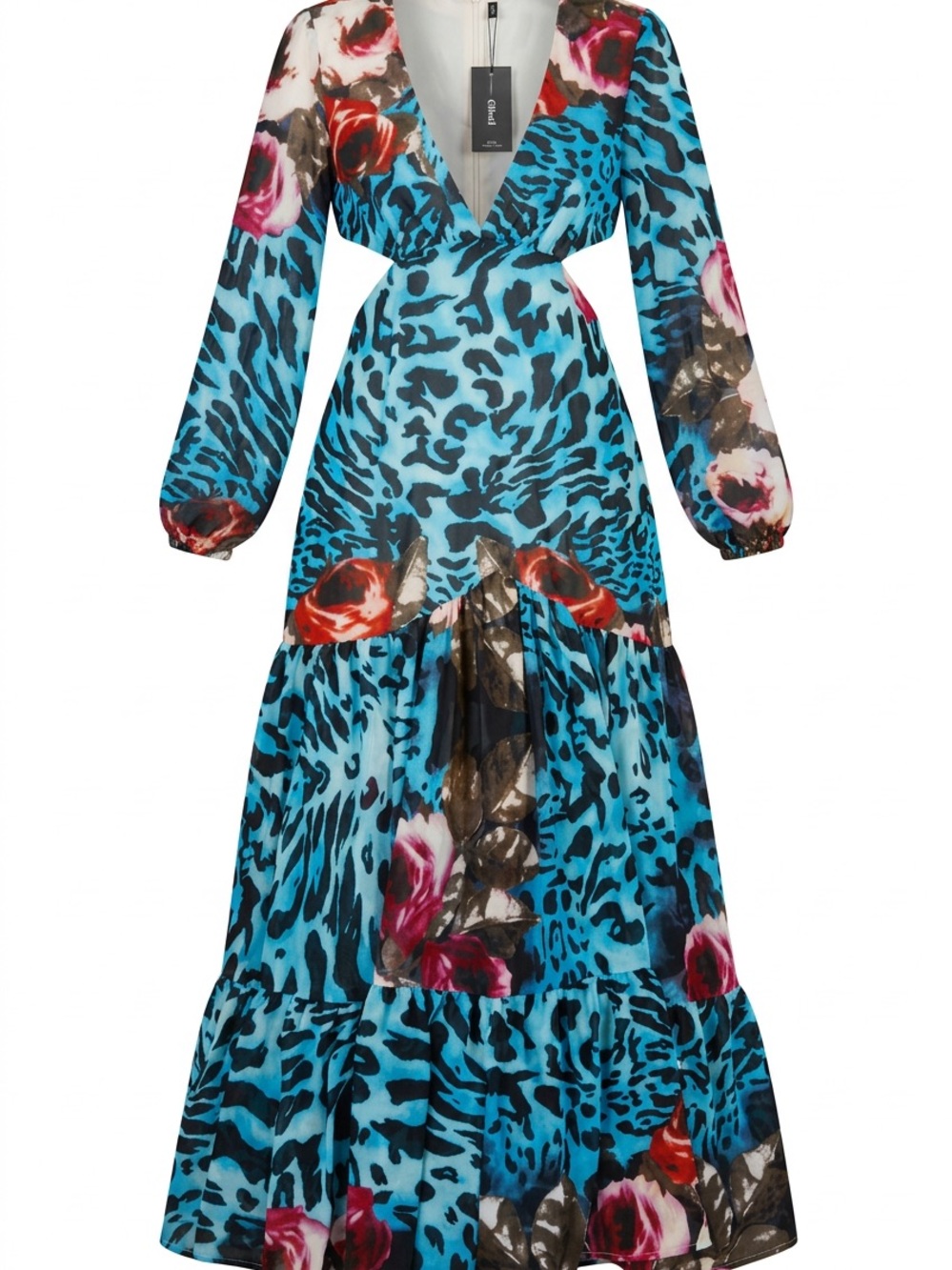 Blue Floral & Animal-Print Long Sleeve Maxi Dress